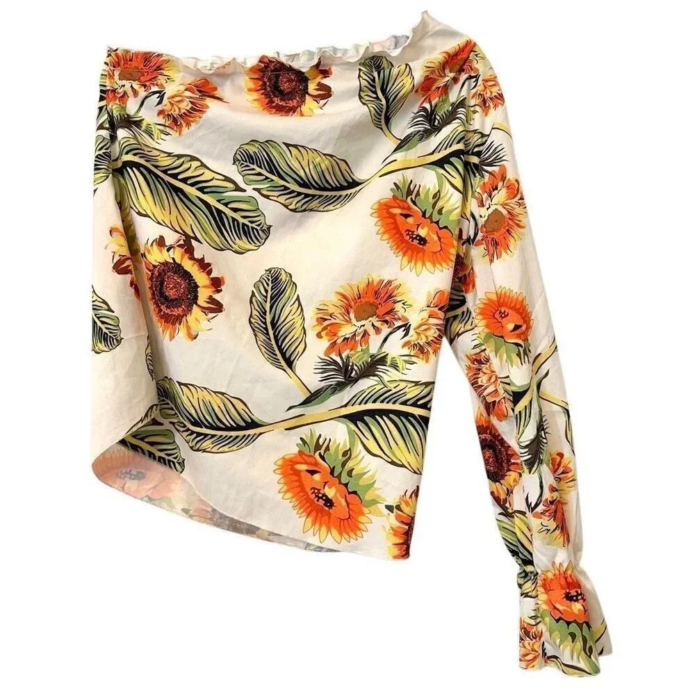 Shein Floral Ruffle One Shoulder Long Sleeve Blouse Ivory Green Large